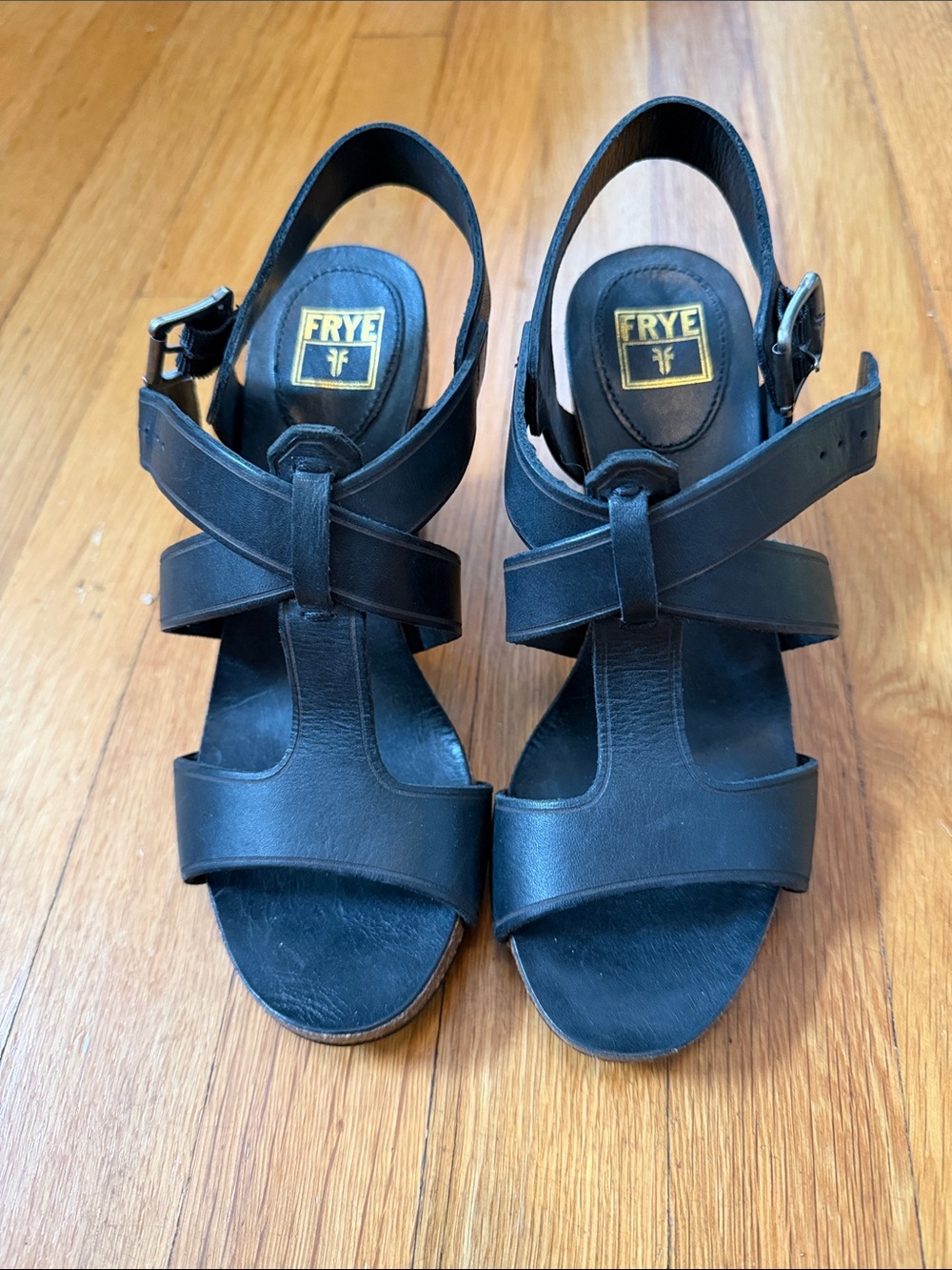 Frye Black Leather Cross-Strap heeled sandals